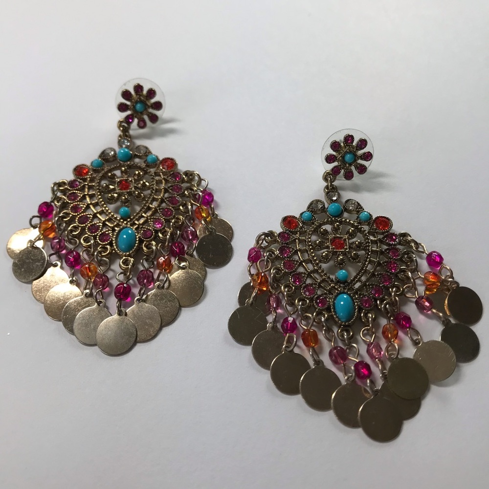 Gold and Red Fan-Shaped Earrings with Cascading Design, RJ Graziano